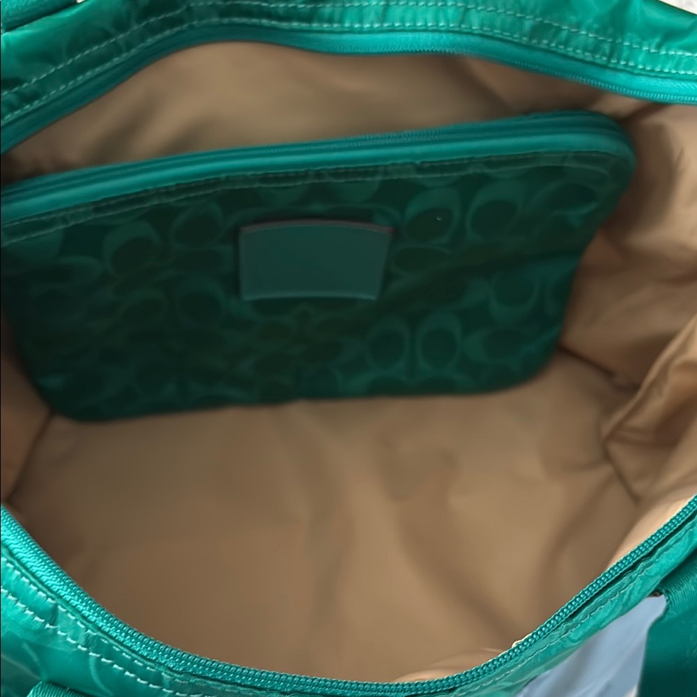 Coach Green and Blue Tote Bag with Dual Handles and Zipper Closure - Picture 4 of 9